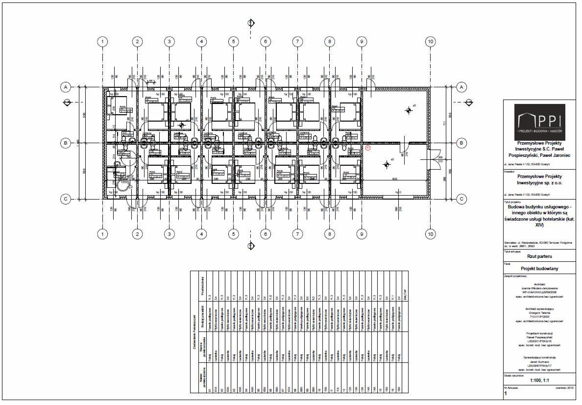 Rzut parteru budynku usługowego z pokojami hotelowymi, widok z góry, z wymiarami i opisem pomieszczeń, część projektu budowlanego z logo firmy projektowej w prawym górnym rogu.