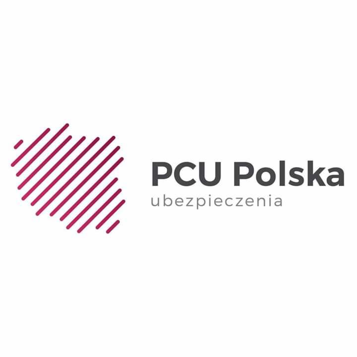 Logo firmy ubezpieczeniowej PCU Polska z abstrakcyjnym symbolem w kolorze fuksji przypominającym kontury Polski i napisem 'ubezpieczenia' pod nazwą firmy.