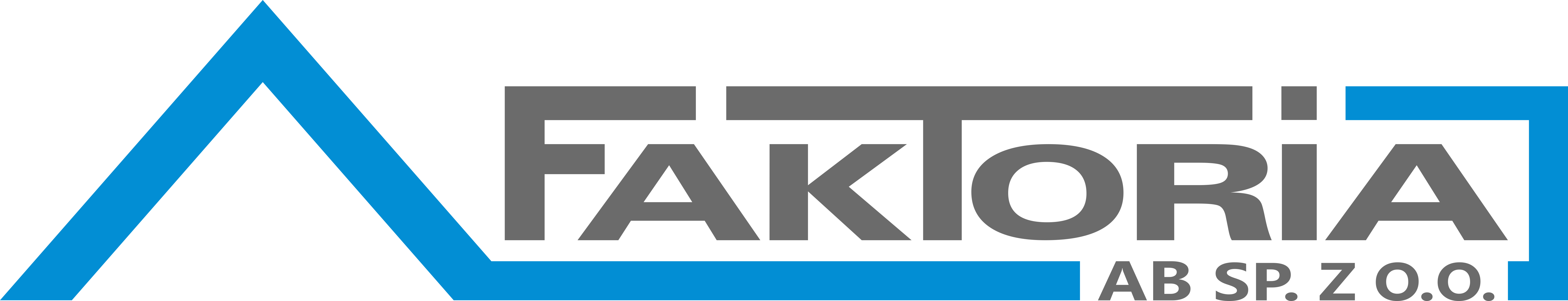 Logo firmy budowlanej FAKTORIA AB SP. Z O.O. z niebieskim symbolem trójkąta przypominającego dach i szarym napisem nazwy firmy.