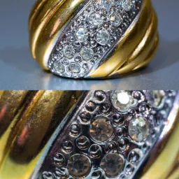 Złoty pierścionek z cyrkoniami, widok z bliska na srebrną oprawę kamieni i spiralne żłobienia w złotej części, na szarym tle.