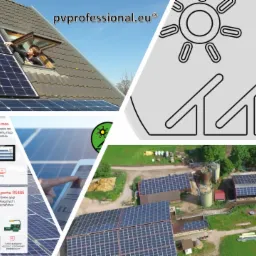 Kompozycja z widokiem na instalacje fotowoltaiczne na dachu domu z otwartym oknem dachowym, panele na budynku gospodarczym z lotu ptaka, schematyczne logo firmy oraz grafiki z monitoringu...