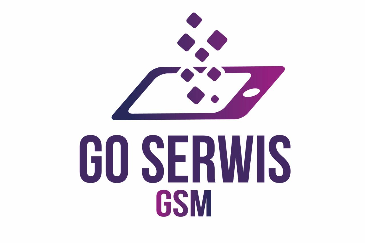 Logo serwisu telefonów: fioletowy smartfon z pikselami, napis 'GO SERWIS GSM' w odcieniach fioletu na białym tle. Minimalistyczny, nowoczesny design.