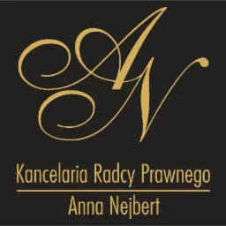 Złote logo kancelarii radcy prawnego Anna Nejbert na ciemnym tle. Elegancki font, stylizowany monogram 'AN'.