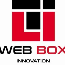 Czerwono-czarne logo firmy Web Box Innovation z geometrycznym symbolem powyżej nazwy.