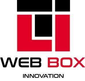 Czerwono-czarne logo firmy Web Box Innovation z geometrycznym symbolem powyżej nazwy.