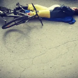 Poszkodowana kobieta w żółtych spodniach leży na niebieskiej macie obok przewróconego roweru na szarym asfalcie.