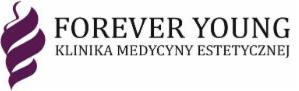 Logo kliniki medycyny estetycznej Forever Young z fioletowym symbolem przypominającym liść lub płomień.