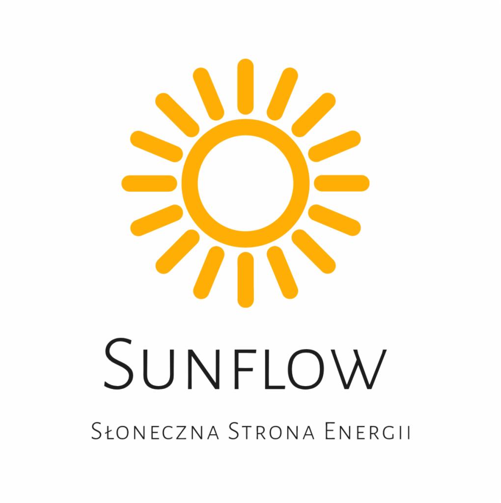 Logo firmy SUNFLOW: grafika słońca z promieniami, napis SUNFLOW i hasło SŁONECZNA STRONA ENERGII.