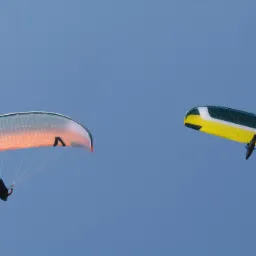 Dwa paralotniarze szybują na tle błękitnego nieba. Jeden paralotniarz ma skrzydło w odcieniach pomarańczy i bieli, drugi ż&oacute;łto-zielono-białe.
