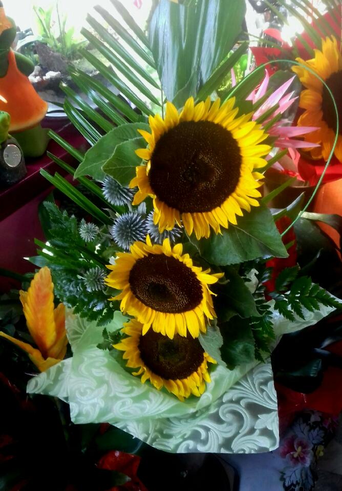 Kompozycja kwiatowa z trzech słoneczników, liści palmowych, zielonych liści i niebieskich ostów, owinięta w ozdobny, jasnozielony papier.