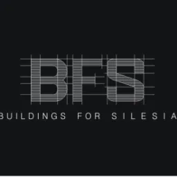 Logo firmy BFS Buildings for Silesia z geometrycznym motywem siatki w tle, na czarnym tle.