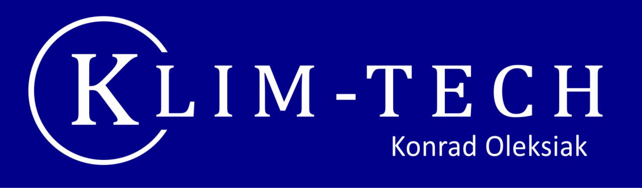 Logo firmy Klim-Tech Konrad Oleksiak na ciemnoniebieskim tle, biały napis z okrągłym elementem graficznym.