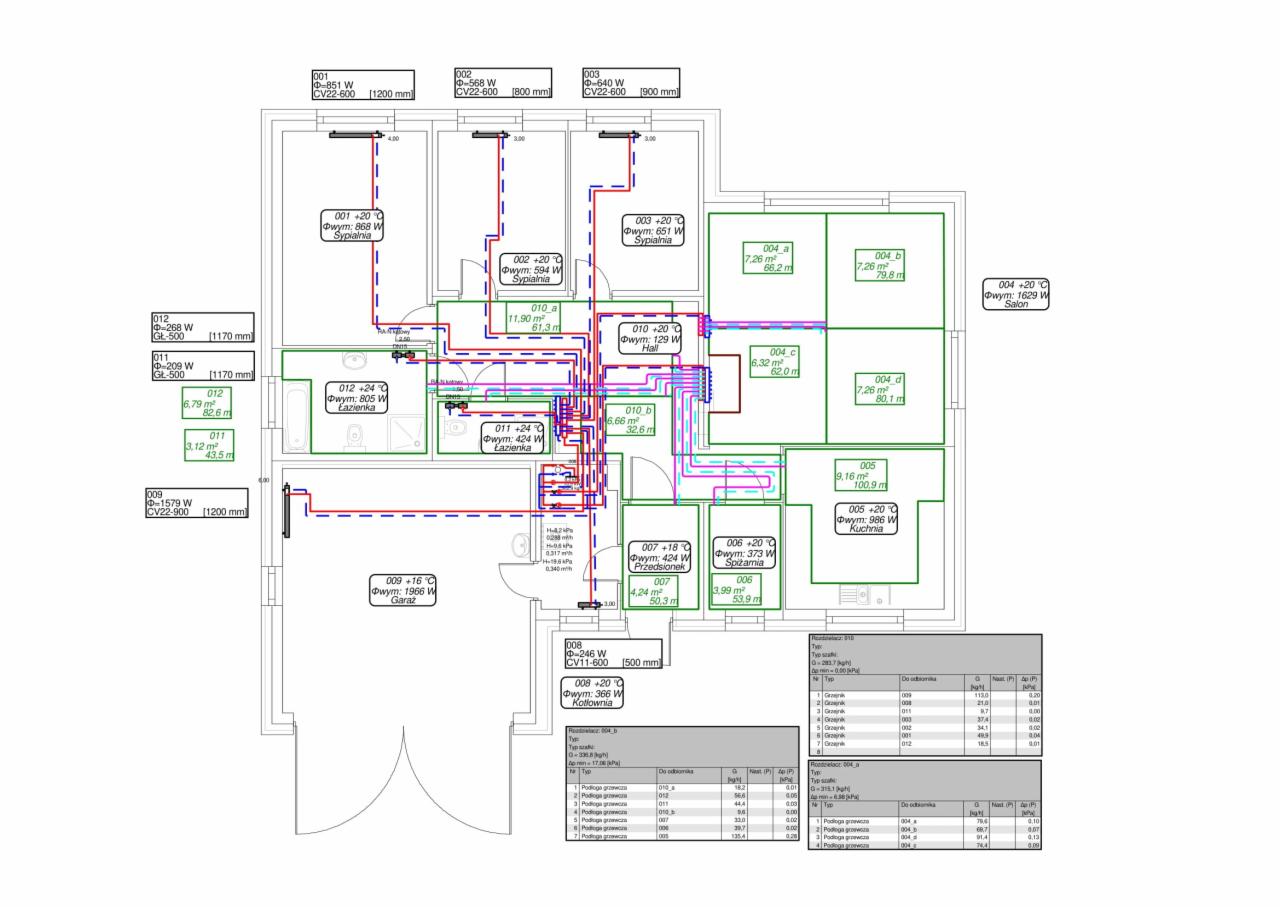 Schemat instalacji grzewczej budynku z zaznaczonymi grzejnikami, temperaturami i mocą cieplną w poszczególnych pomieszczeniach, rzut poziomy z góry.