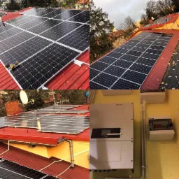 Montaż paneli słonecznych na czerwonym dachu, widok z różnych perspektyw, w tle drzewa i zabudowania. Na jednym z ujęć widoczny inwerter i skrzynka elektryczna wewnątrz budynku.