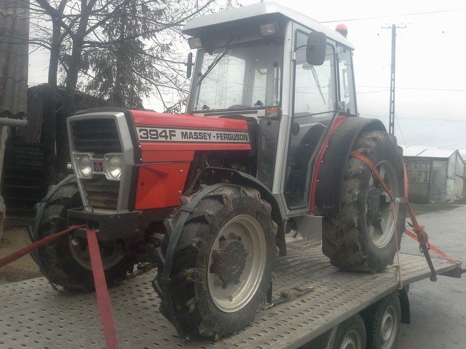 Czerwony traktor Massey Ferguson 394F zabezpieczony pasami na metalowej platformie przyczepy, w tle budynki gospodarcze i nagie drzewa.