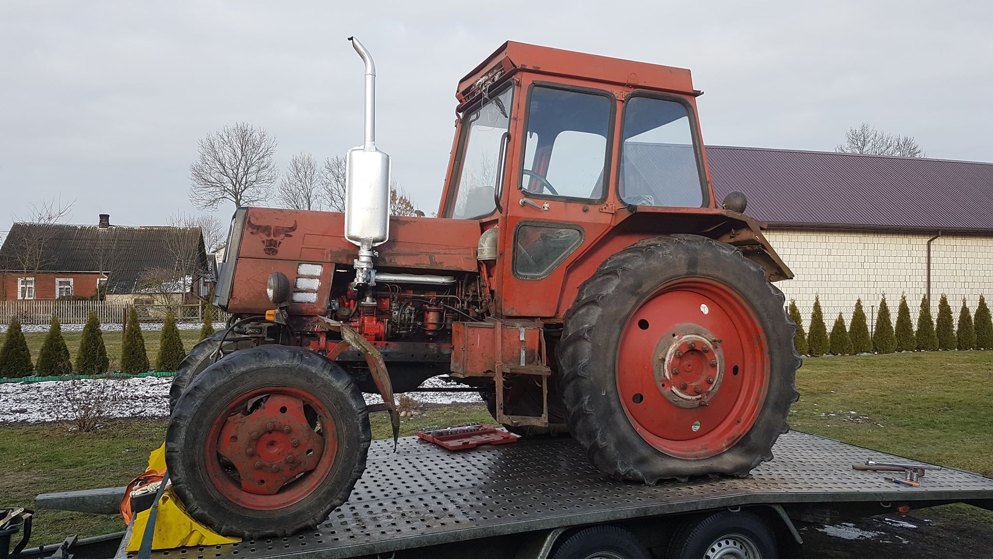 Czerwony, używany traktor z rysunkiem głowy byka na masce, przewożony na niskopodwoziowej lawecie w słoneczny dzień.