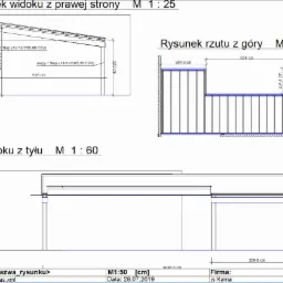 Rysunek techniczny pergoli: widok z prawej strony (skala 1:25), rzut z góry (skala 1:60) i widok z tyłu (skala 1:60) z wymiarami w centymetrach.