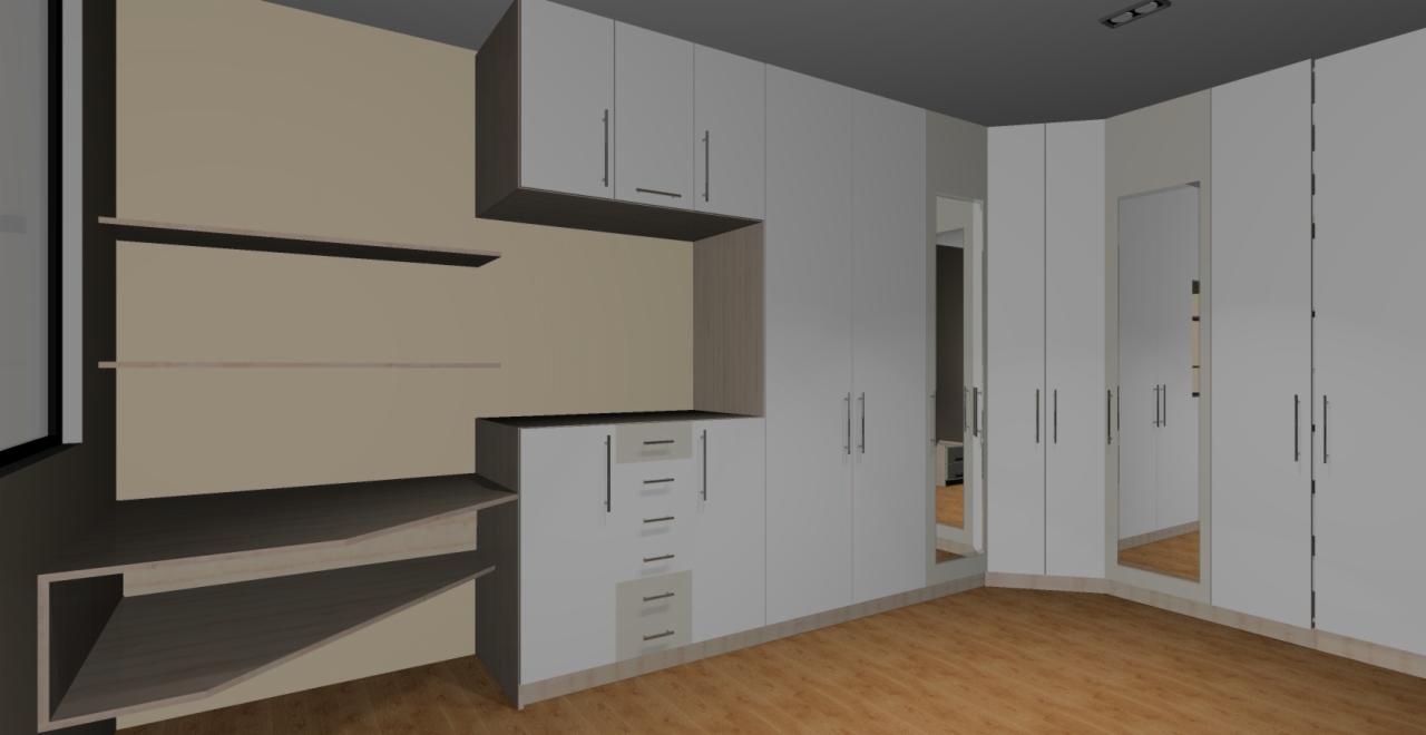 Wizualizacja wnętrza z zabudową meblową: białe szafy wnękowe z lustrami i otwartymi półkami, drewniana podłoga.