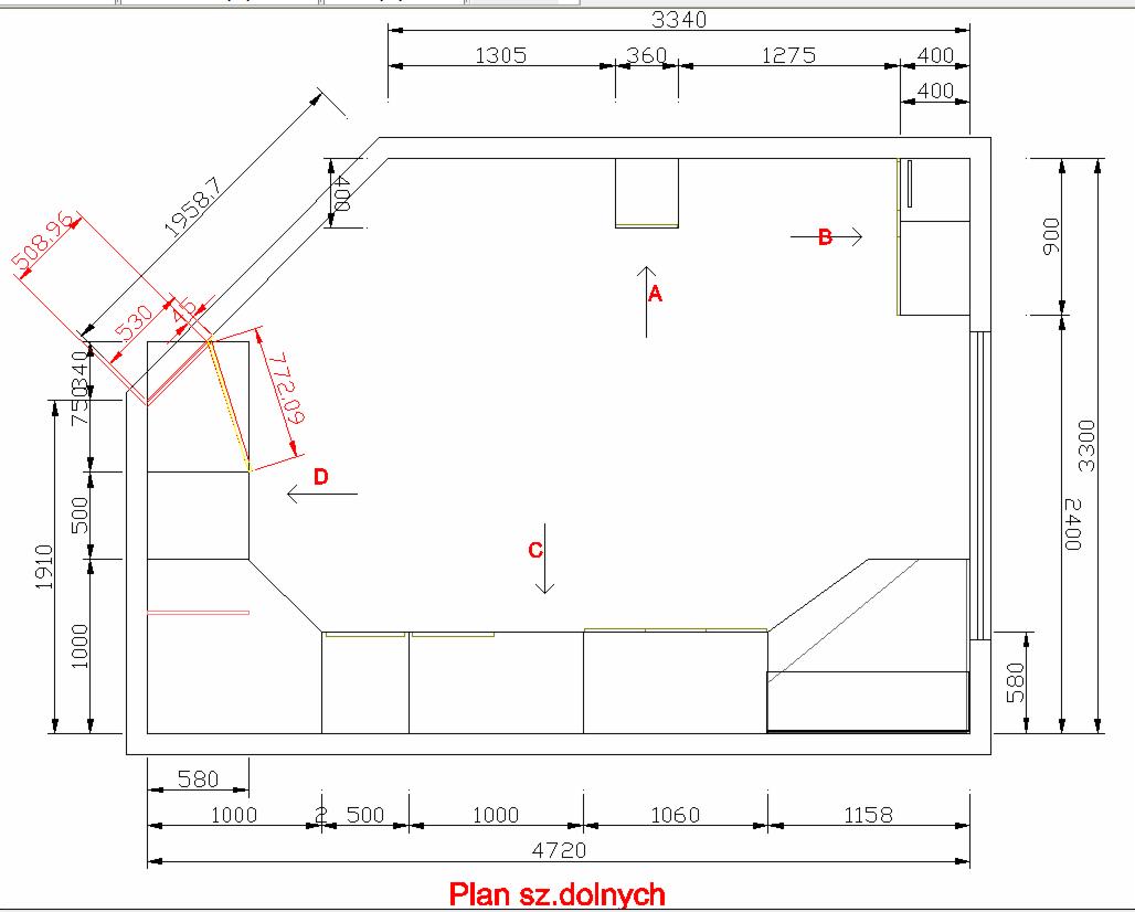 Rzut poziomy kuchni na wymiar z naniesionymi wymiarami, widok z góry, plan szafek dolnych.