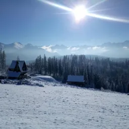 Zimowy krajobraz górski z drewnianymi domkami pokrytymi śniegiem, las iglasty w tle, jasne słońce na błękitnym niebie.