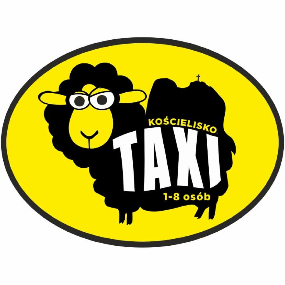 Żółte logo TAXI Kościelisko z czarną owcą i sylwetką Giewontu, przewóz 1-8 osób.