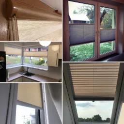 Kompozycja zdjęć przedstawiająca różne rodzaje osłon okiennych: plisowane w oknie salonu z widokiem na ogród, beżowe w kuchni,  oraz w oknie dachowym z widokiem na drzewa.