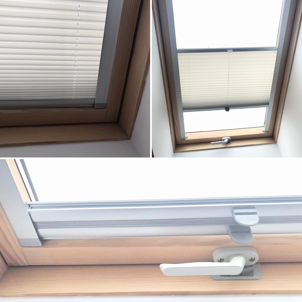 Okno dachowe z zamontowaną, plisowaną osłoną przeciwsłoneczną w kolorze białym, widoczne detale mechanizmu i drewniana rama okna.
