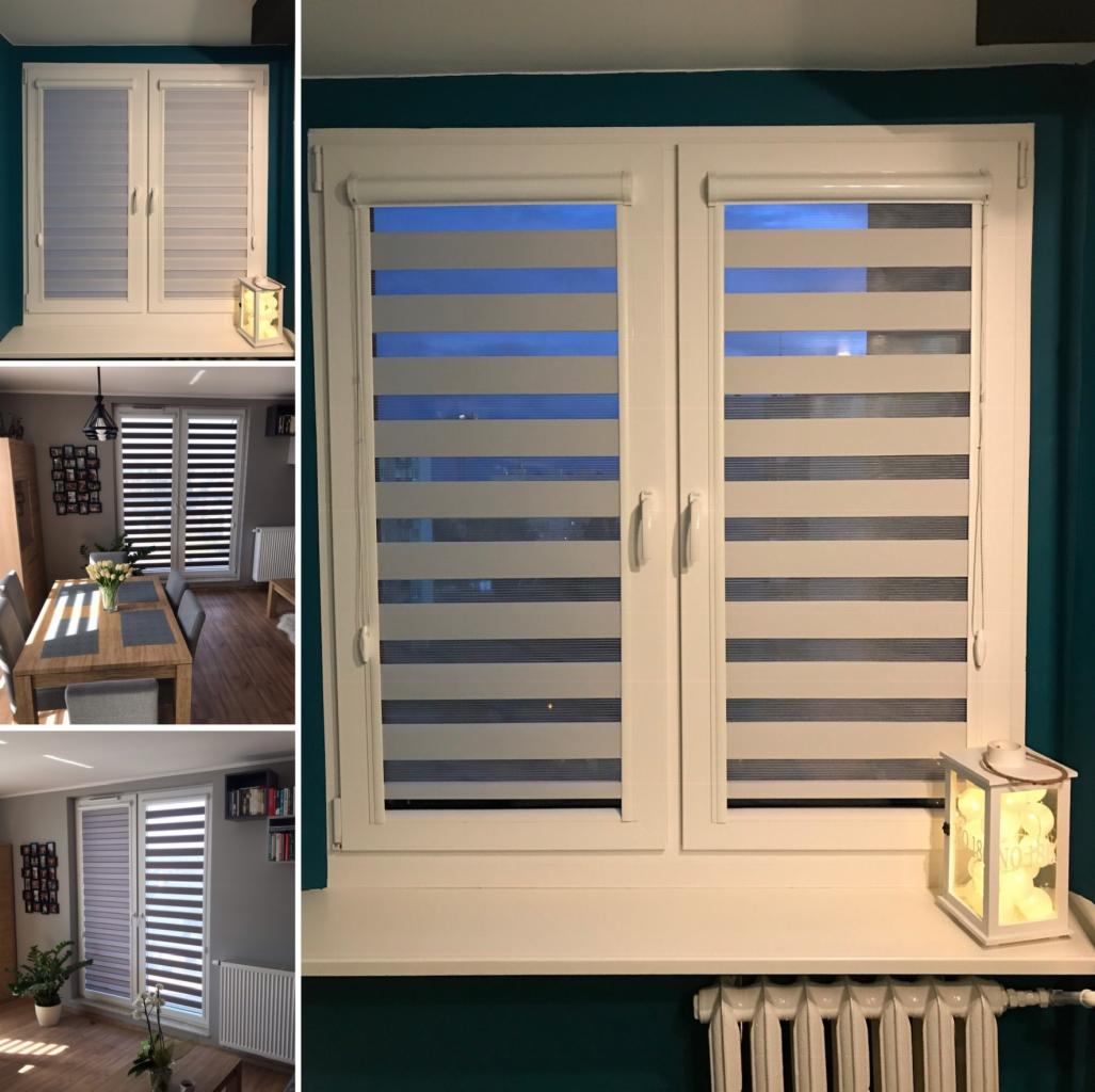 Okno z roletami dzień noc, widoczne białe ramy okienne, dekoracyjna lampka na parapecie i fragment grzejnika, na kolażu widok na rolety w salonie i pokoju.