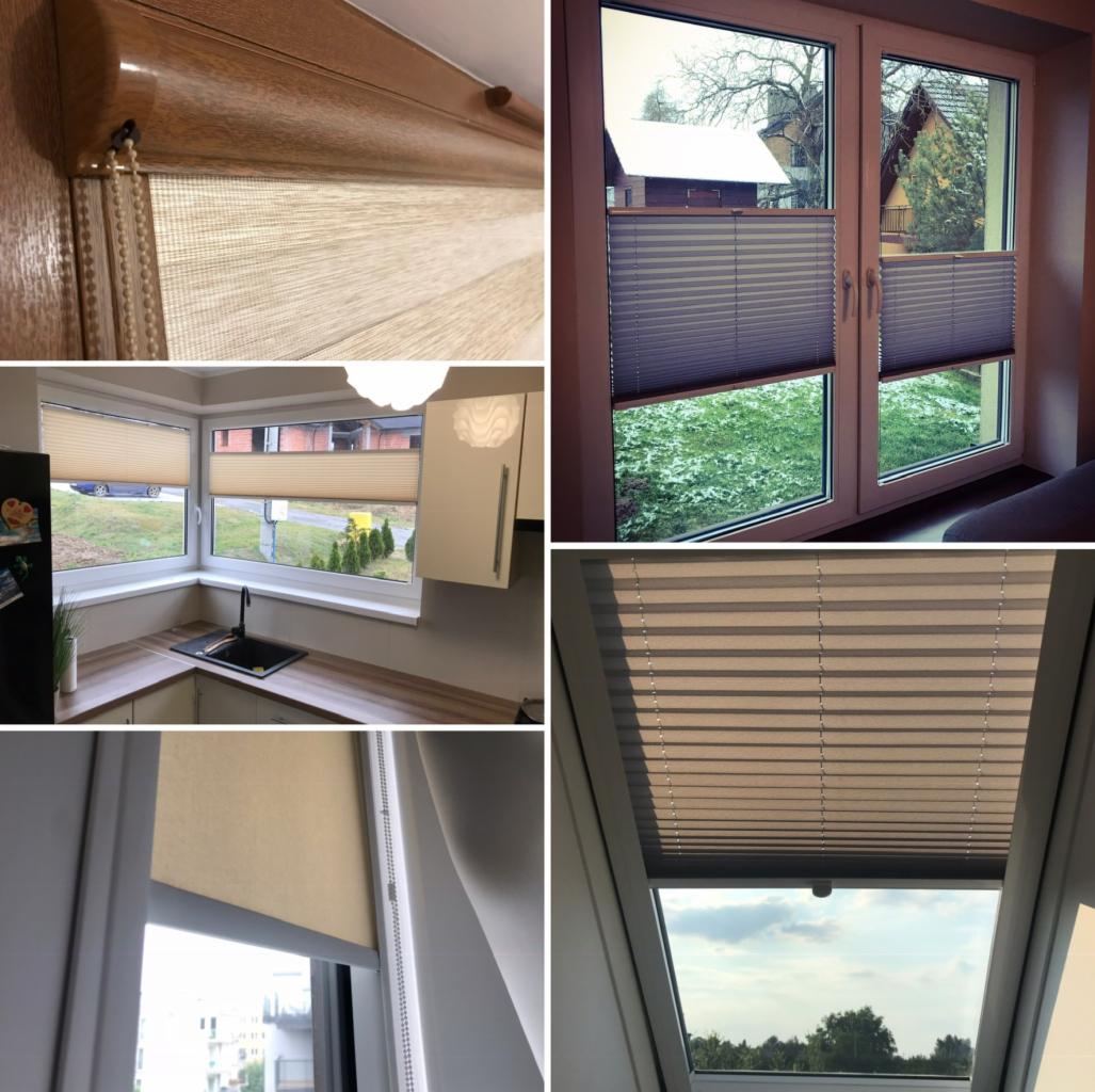 Kompozycja zdjęć przedstawiająca różne rodzaje osłon okiennych: plisowane w oknie salonu z widokiem na ogród, beżowe w kuchni,  oraz w oknie dachowym z widokiem na drzewa.