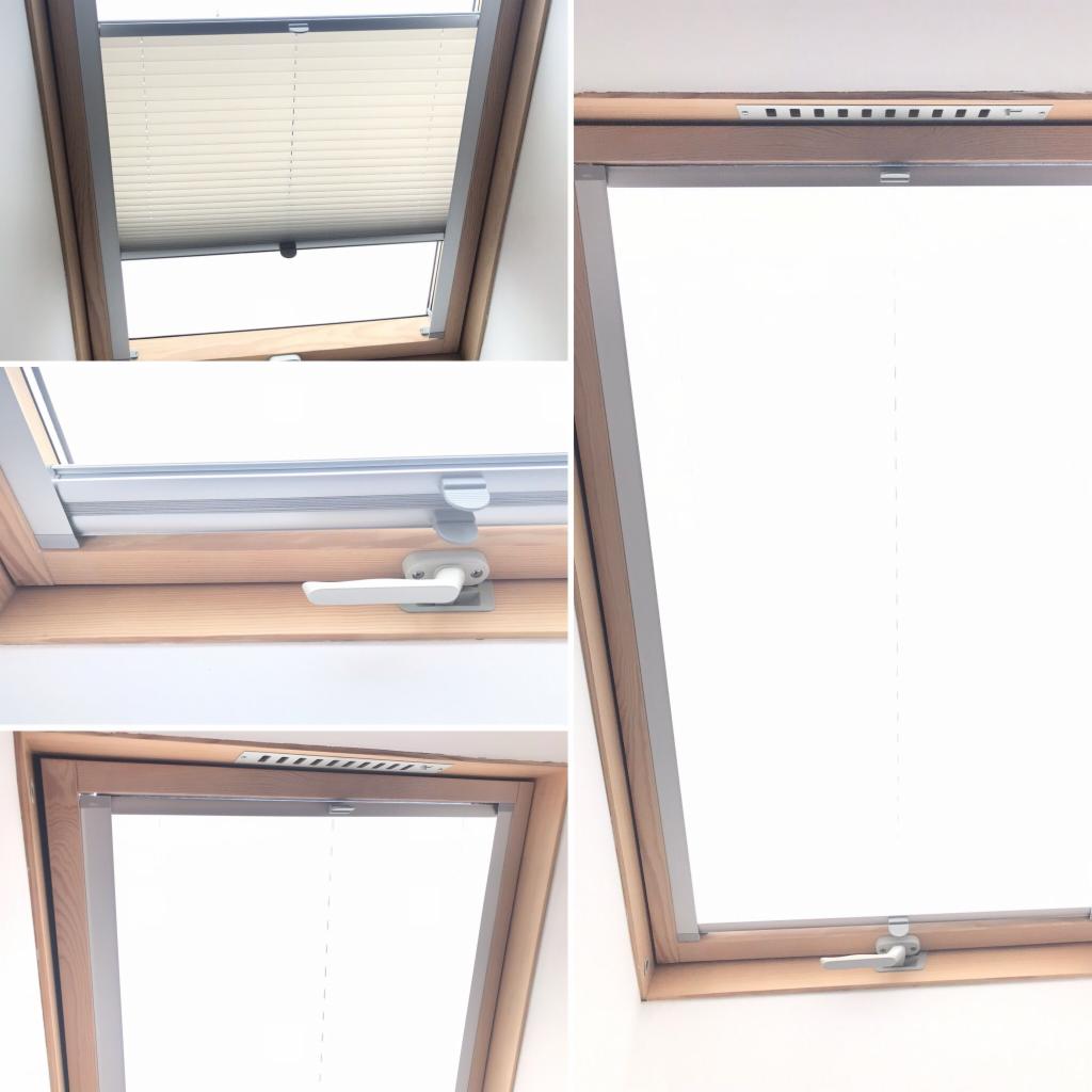 Zestawienie ujęć okna dachowego z zamontowaną plisowaną osłoną przeciwsłoneczną, widoczne detale mechanizmu i wykończenia drewniane.