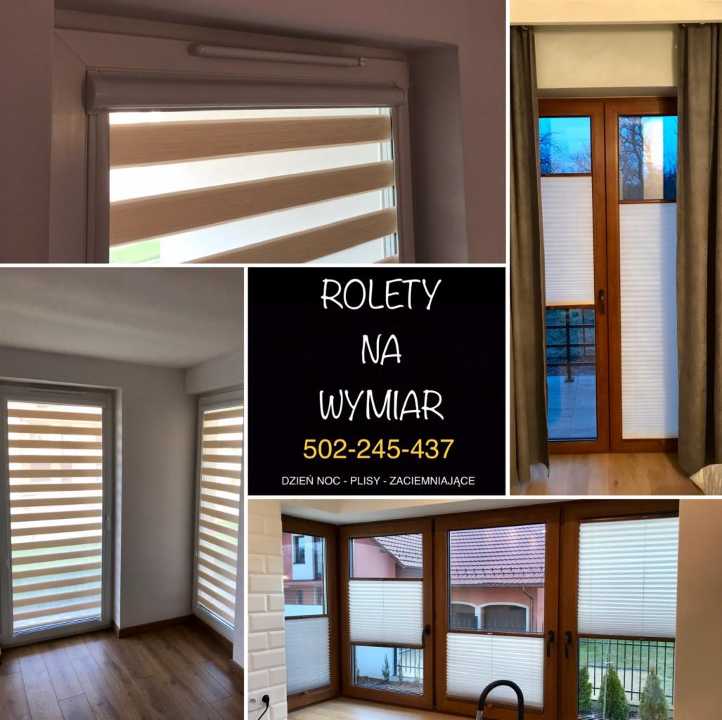 Kompozycja zdjęć prezentująca różne typy osłon okiennych: rolety dzień-noc z beżowymi pasami w jasnym pomieszczeniu, plisy okienne w brązowych ramach okiennych z widokiem na zewnątrz oraz czarne...