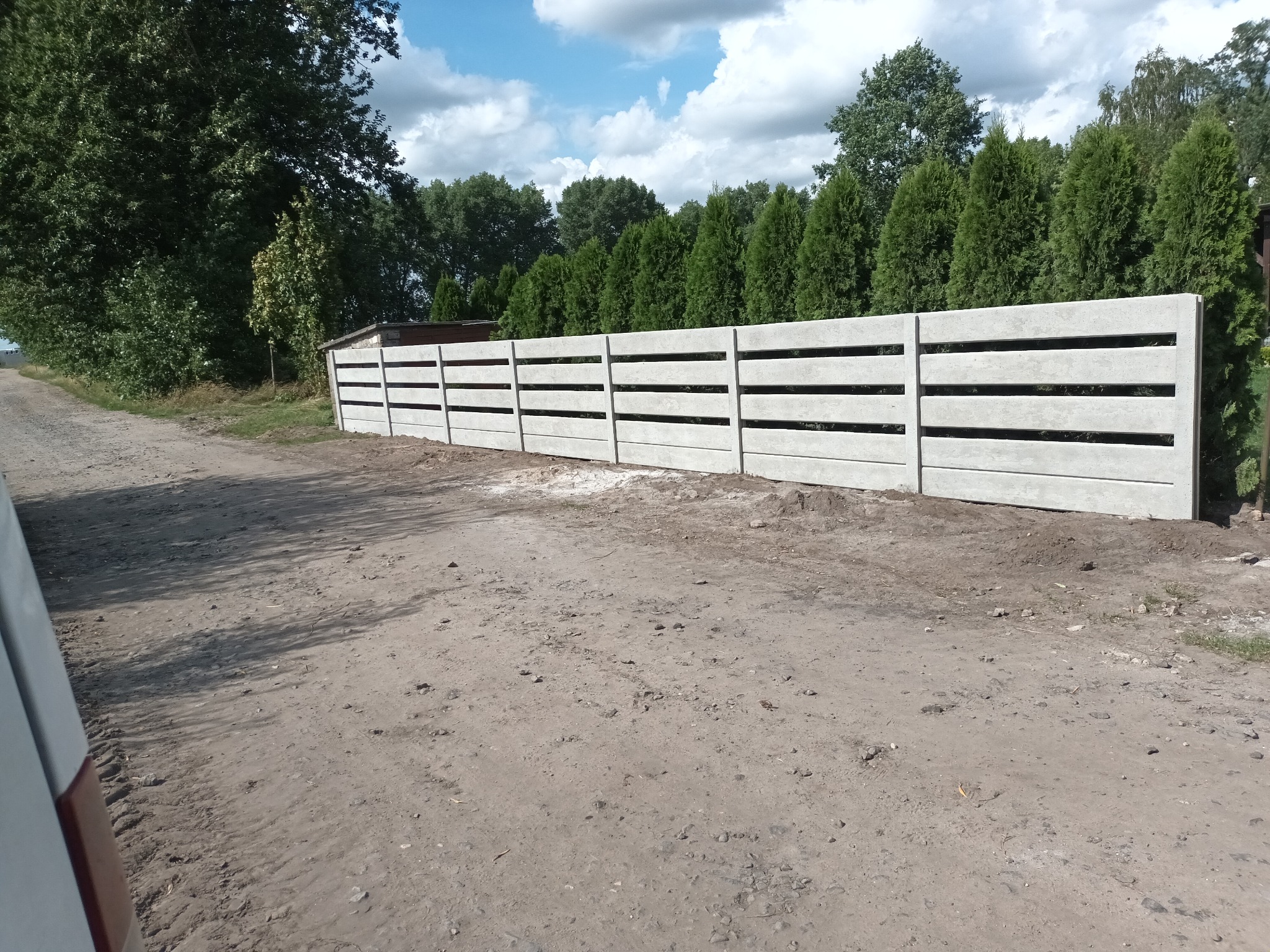 Nowo postawione, prefabrykowane ogrodzenie betonowe z poziomymi szczelinami, widoczne z zewnątrz posesji, z zielonymi tujami w tle i fragmentem samochodu po lewej stronie kadru.