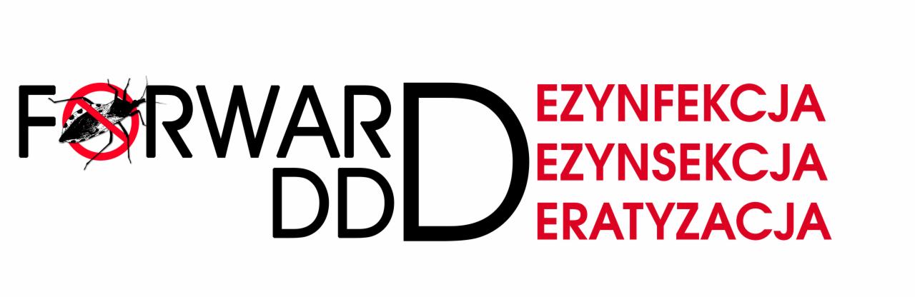 Grafika wektorowa z napisem FORWARD DD, obok czerwonym drukiem nazwy usług: dezynfekcja, deratyzacja, z przekreślonym insektem w miejscu litery O.