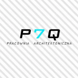Logo pracowni architektonicznej P7Q z czarnymi literami P i Q oraz turkusową cyfrą 7 na ukośnym szarym tle w paski.