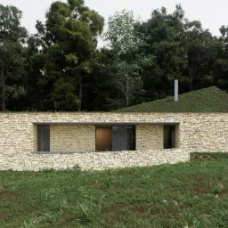 Nowoczesny dom z elewacją z jasnego kamienia i zielonym dachem, wkomponowany w leśne otoczenie. Minimalistyczna architektura z dużymi przeszkleniami i naturalnym krajobrazem.