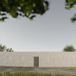 Minimalistyczny dom parterowy z płaskim dachem i dwiema ciemnymi, pionowymi bramami w fasadzie, otoczony zielenią i drzewami.