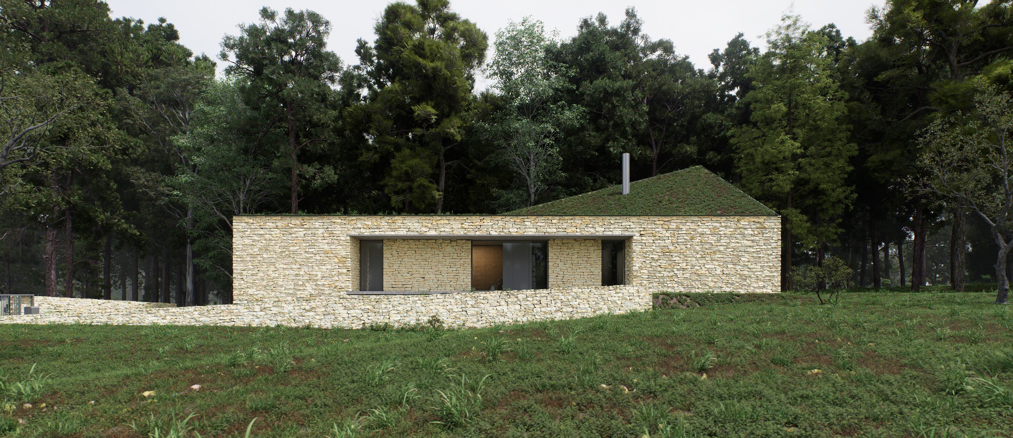 Nowoczesny dom z elewacją z jasnego kamienia i zielonym dachem, wkomponowany w leśne otoczenie. Minimalistyczna architektura z dużymi przeszkleniami i naturalnym krajobrazem.