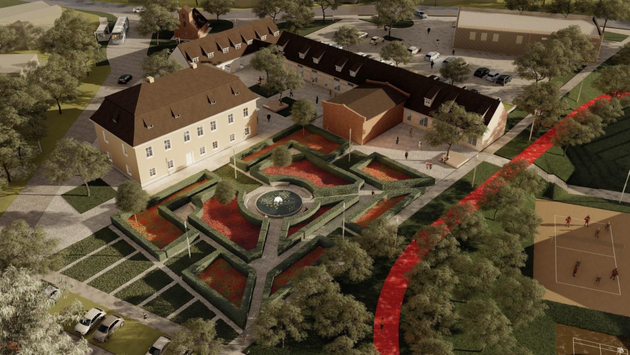 Wizualizacja kompleksu budynków z ogrodem w stylu francuskim, widok z lotu ptaka, z zaznaczoną czerwoną ścieżką spacerową i boiskiem do siatkówki w tle.