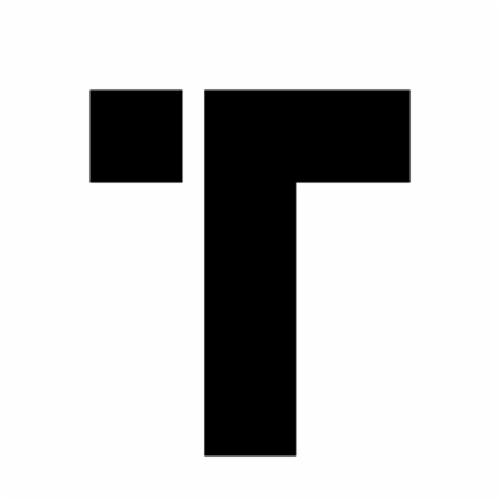 Minimalistyczna, czarna grafika wektorowa przedstawiająca literę 'T' złożoną z kwadratów na białym tle. Prosty i nowoczesny design.