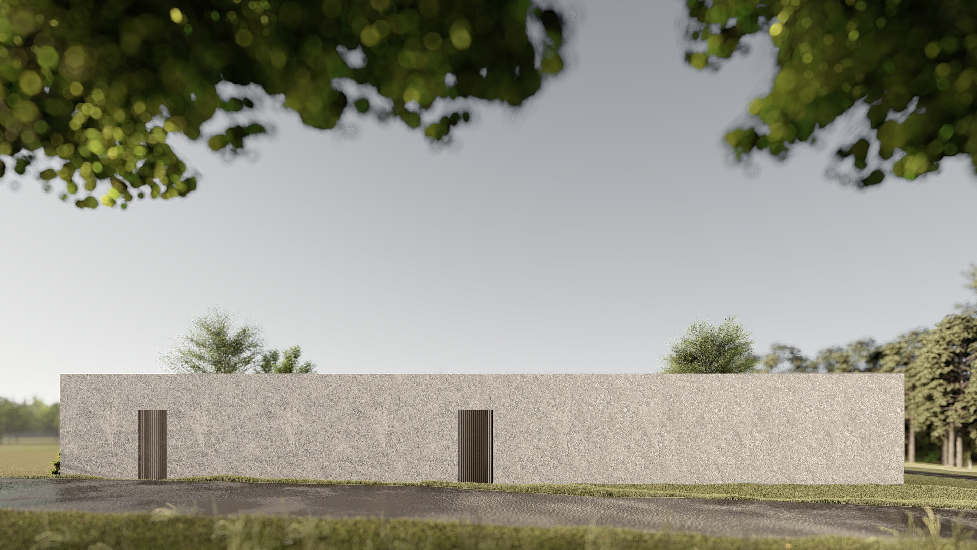 Minimalistyczny dom parterowy z płaskim dachem i dwiema ciemnymi, pionowymi bramami w fasadzie, otoczony zielenią i drzewami.