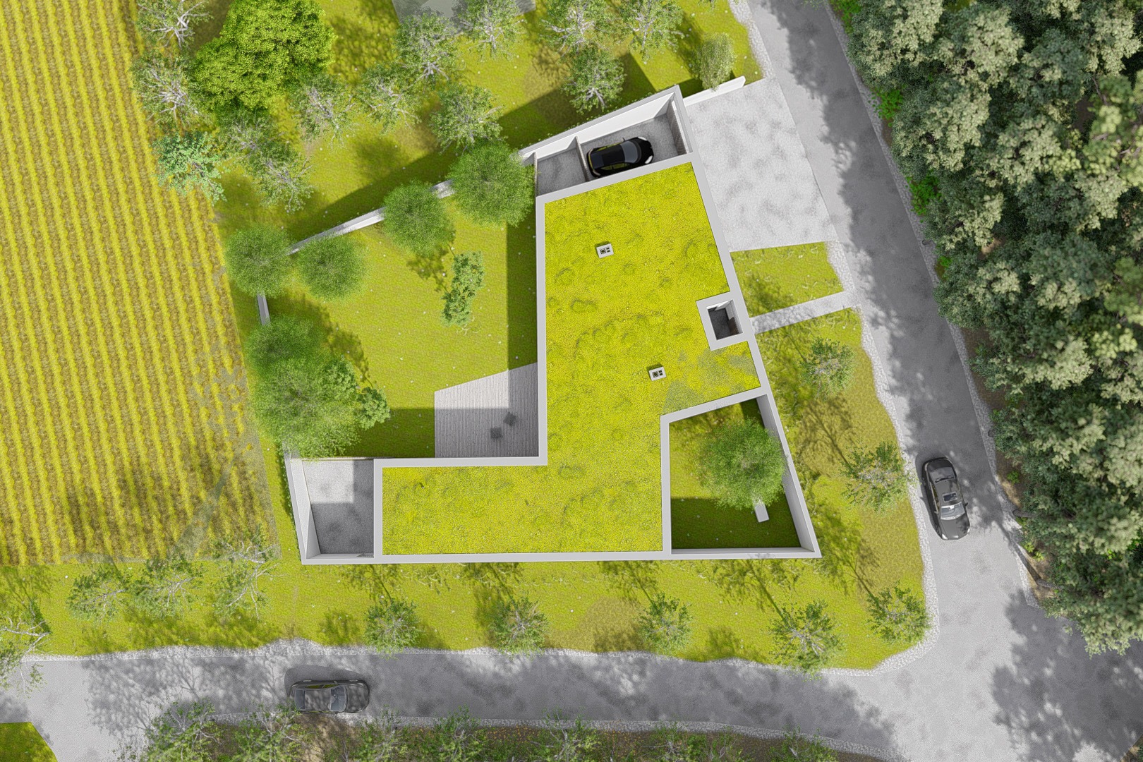 Widok z lotu ptaka na nowoczesny dom z zielonym dachem, garażem i zadbanym ogrodem graniczącym z polem uprawnym.