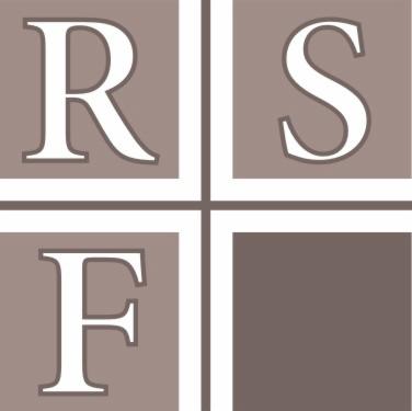 Logo firmy składające się z czterech kwadratów w odcieniach brązu, z których trzy zawierają białe litery R, S i F, a czwarty kwadrat jest pusty.