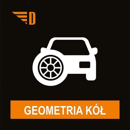 Grafika przedstawia biały, uproszczony symbol samochodu z kołem na czarnym tle, poniżej pomarańczowy pasek z napisem 'GEOMETRIA KÓŁ' oraz logo firmy w lewym górnym rogu.
