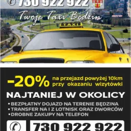 Żółta taksówka na tle panoramy Będzina, z ofertą promocyjną -20% na przejazd powyżej 10km, numer telefonu i hasło najtaniej w okolicy.
