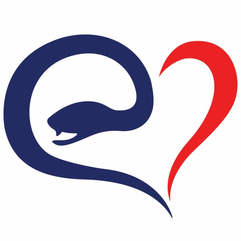 Abstrakcyjne logo przedstawiające niebieską sylwetkę węża w kształcie litery 'e' połączoną z czerwoną połową serca na białym tle.