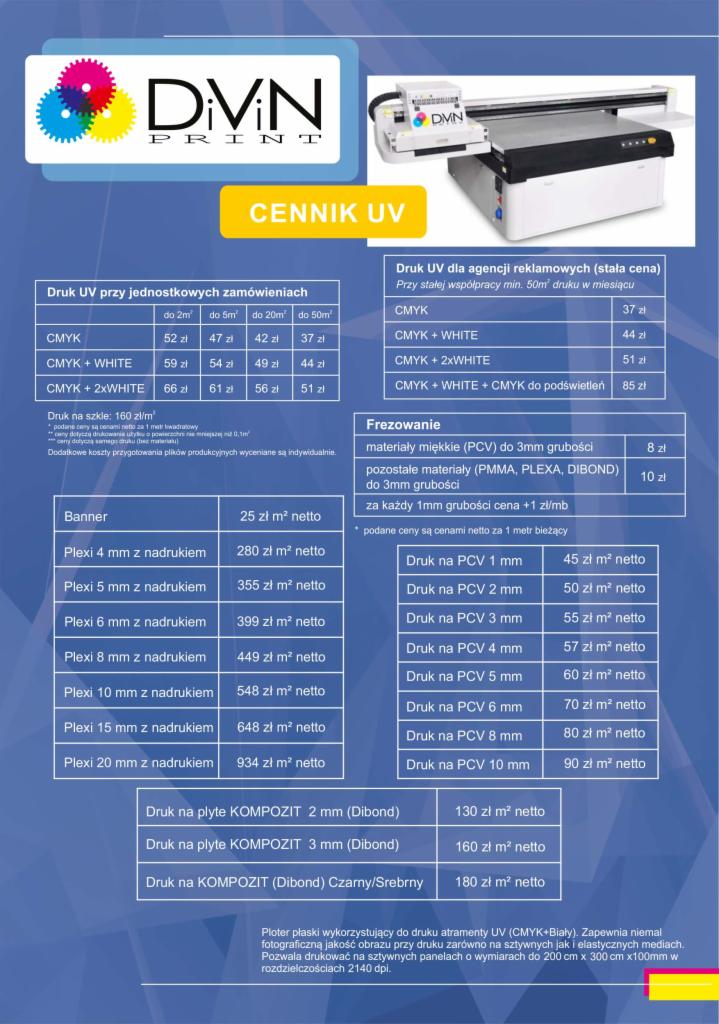 Cennik druku UV i frezowania różnych materiałów, w tym plexi, PCV i kompozytów, z uwzględnieniem cen dla agencji reklamowych i druku na szkle, oraz opis plotera płaskiego wykorzystującego atramenty...