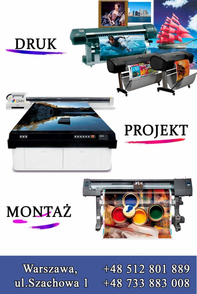 Kompozycja przedstawiająca różne drukarki wielkoformatowe drukujące obrazy, z hasłami 'Druk', 'Projekt' i 'Montaż', oraz danymi kontaktowymi firmy.