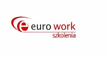 Logo firmy Euro Work Szkolenia z czerwonym elementem graficznym przypominającym literę 'e' i napisem 'euro work szkolenia' w kolorze czerwonym.