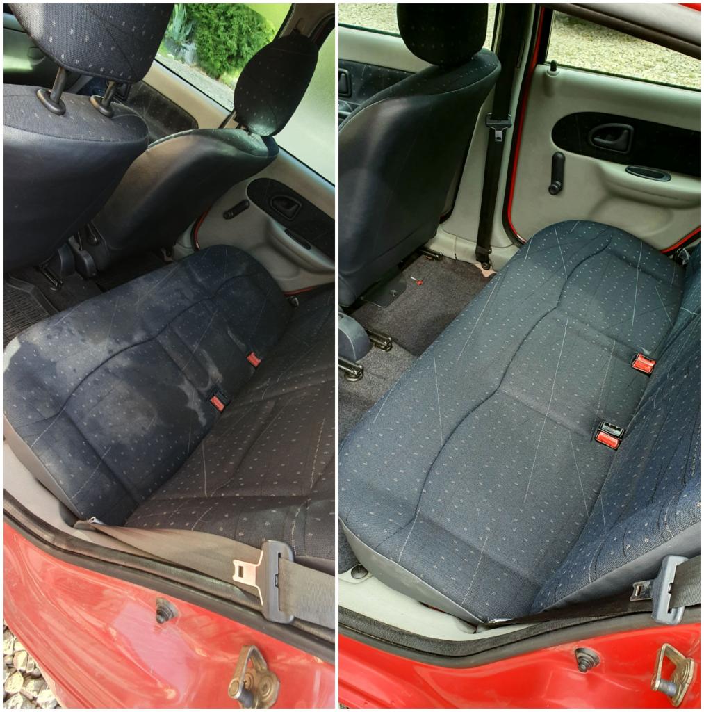 Porównanie tylnej kanapy samochodu przed i po praniu tapicerki, widoczne różnice w czystości materiału, czerwone wnętrze pojazdu.
