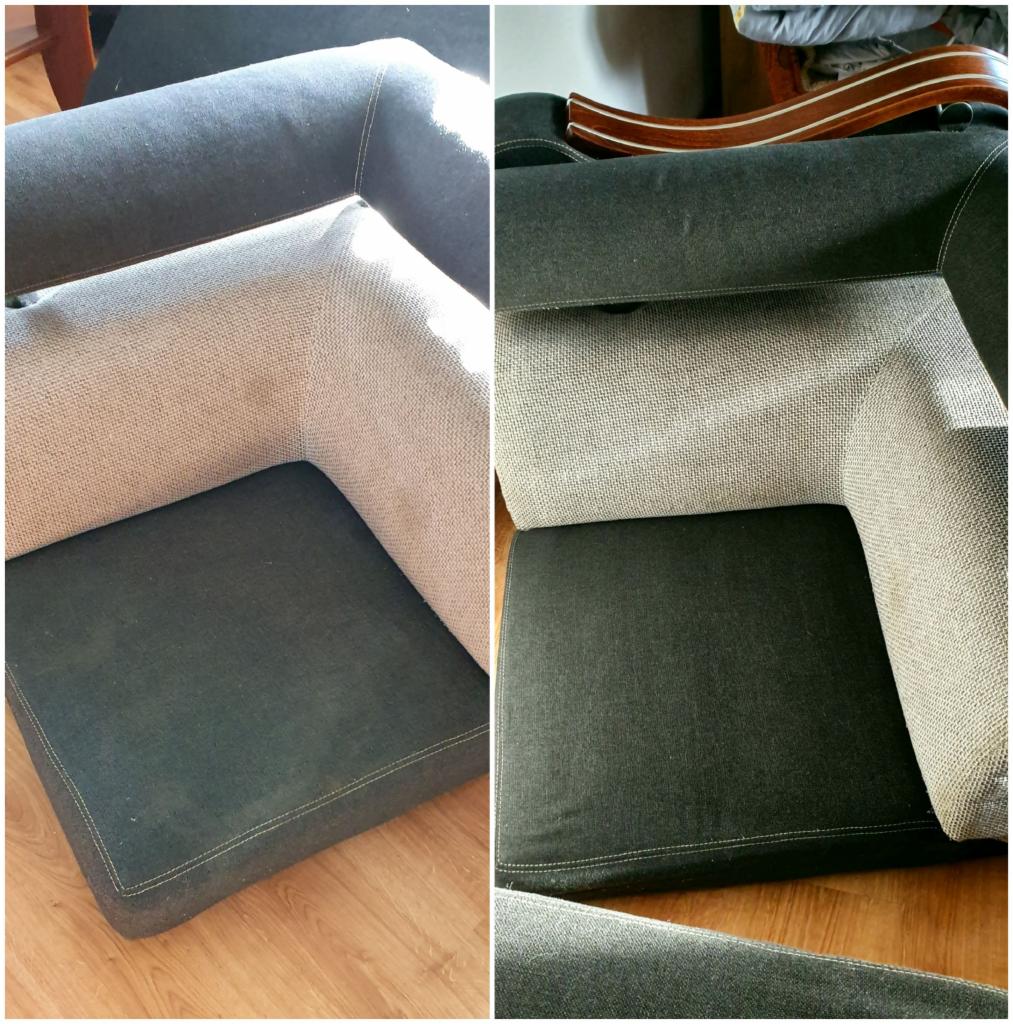 Porównanie stanu narożnika tapicerowanego przed i po czyszczeniu: widoczne różnice w odcieniu i czystości tkaniny na oparciu i siedzisku.